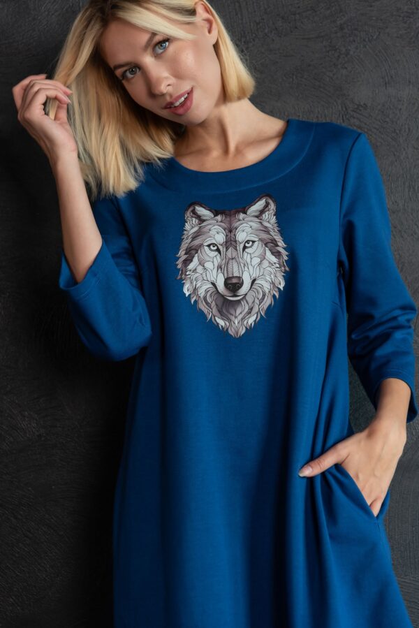 wolf print blue jersey dress