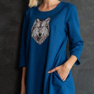 wolf print blue jersey dress