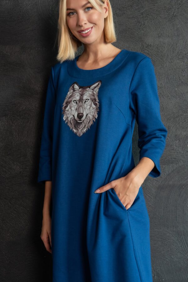 wolf print blue jersey dress