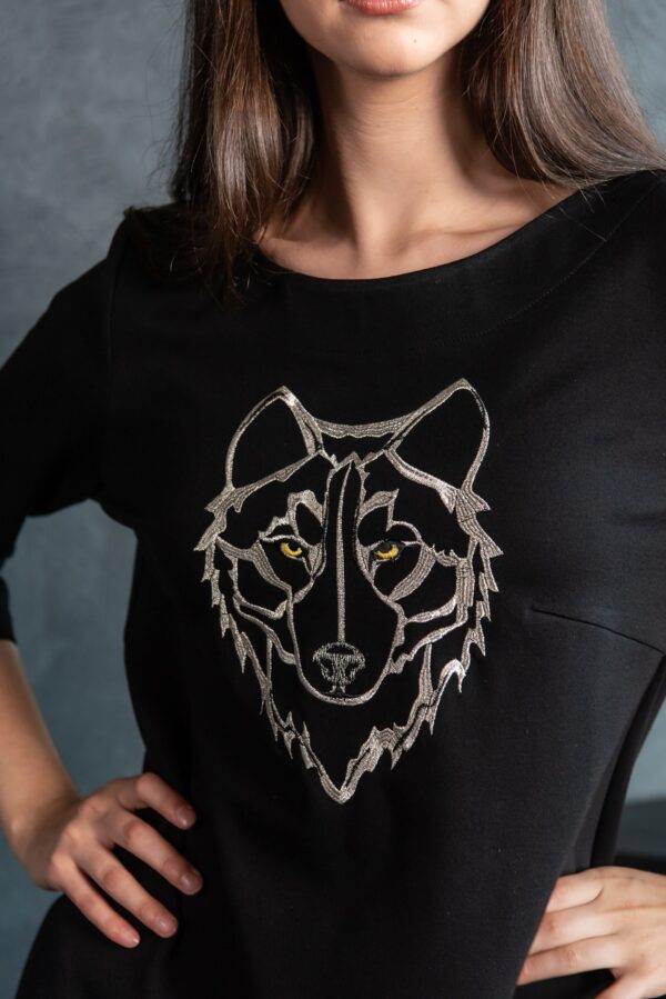 wolf embroidery black dress