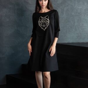 wolf embroidery black dress