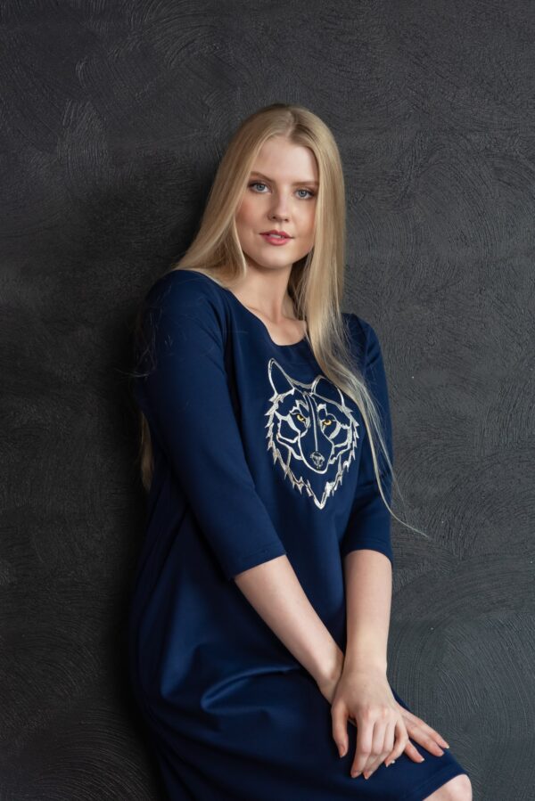 wolf embroidery blue viscose dress