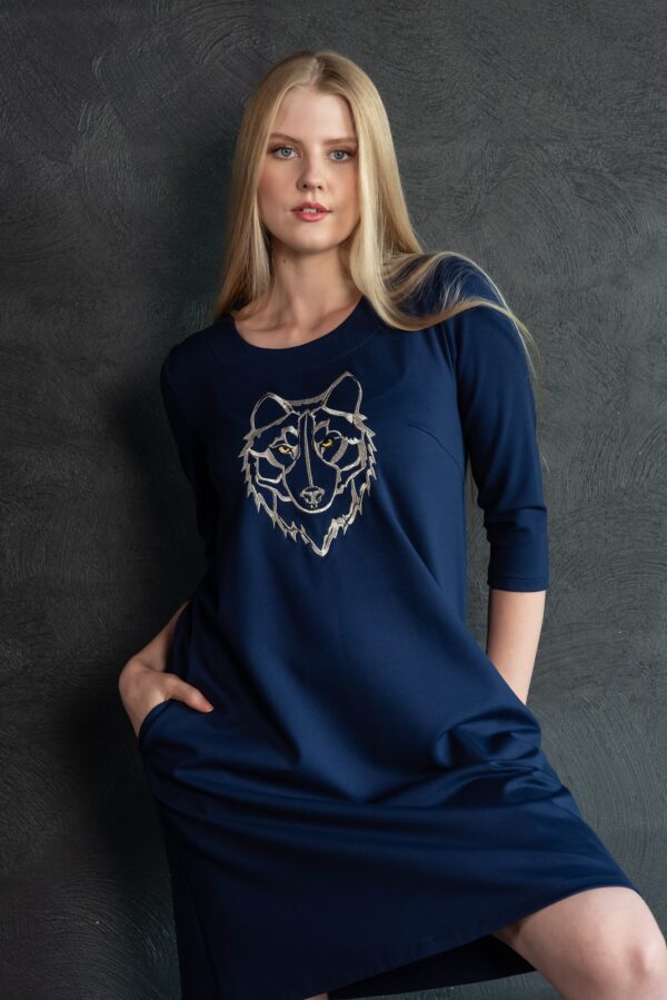 wolf embroidery blue viscose dress