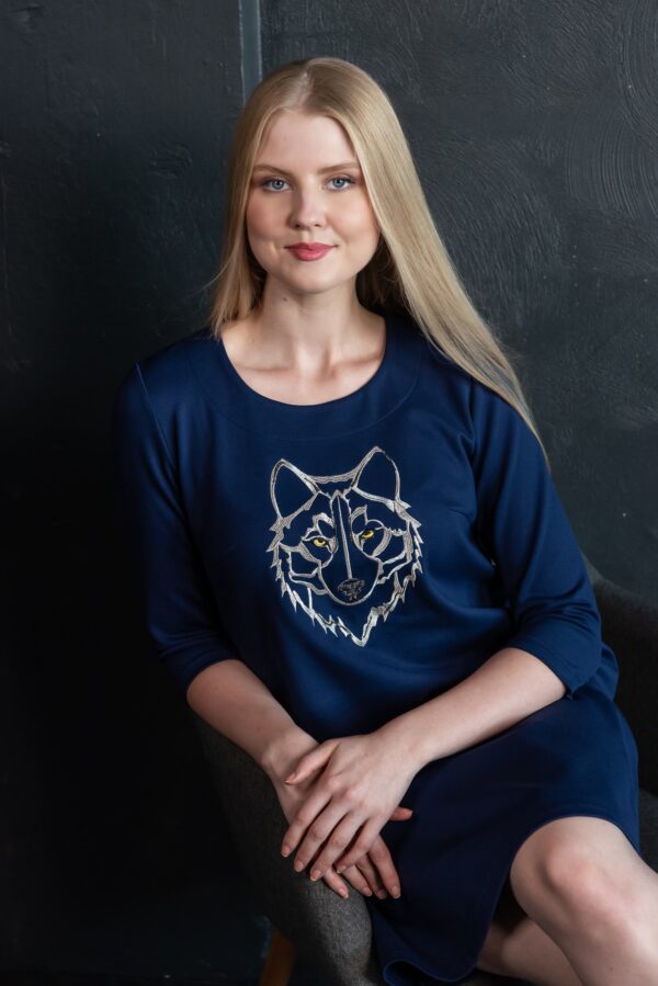 wolf embroidery blue viscose dress