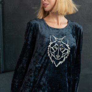 embroidered wolf blue velvet dress