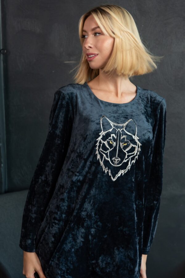 embroidered wolf blue velvet dress