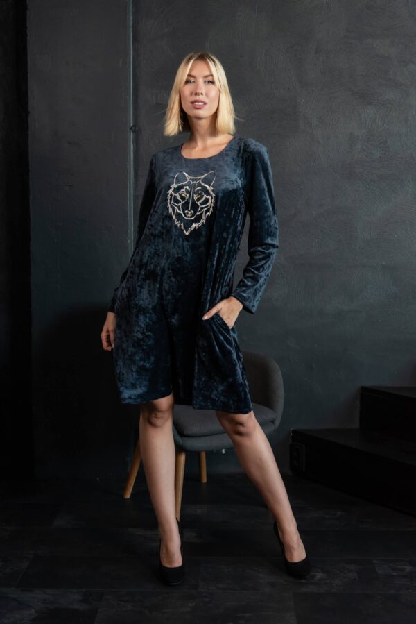 embroidered wolf blue velvet dress