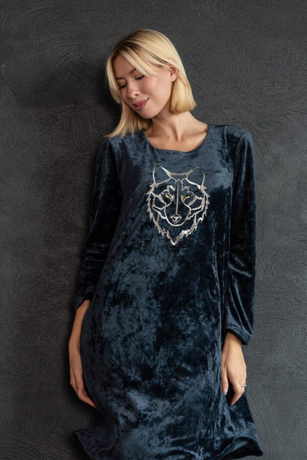 embroidered wolf blue velvet dress